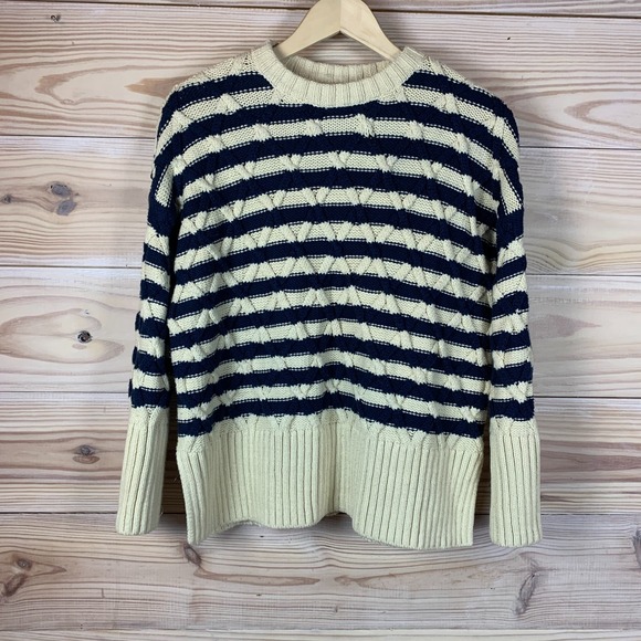 Madewell Cable-Knit Oversized Sweater Small Navy Stripe Preppy Nautical Chunky - Picture 1 of 14